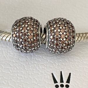 2 Authentic Pandora Silver & Brown CZ Ball Charms ~ Retired